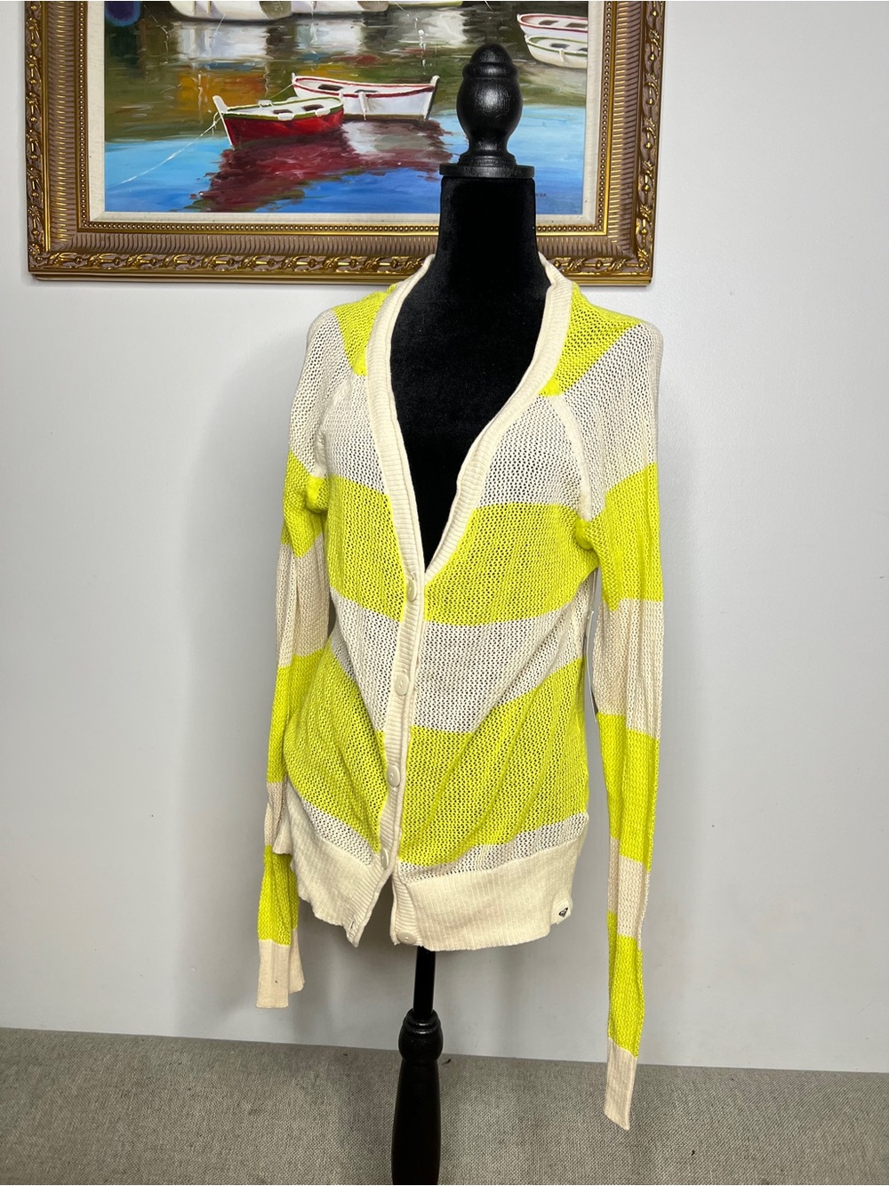 Roxy Striped Open-Knit Cardigan in Cream & Yellow